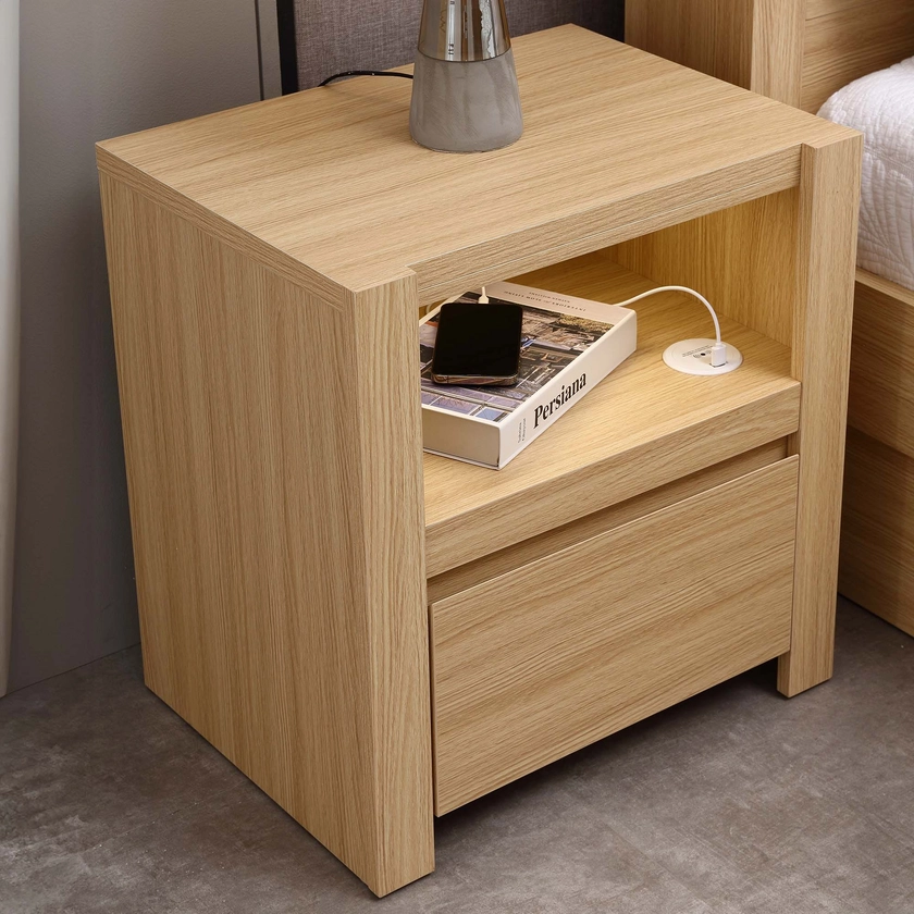 Lugano Bedside Table (1 Drawer) W/ Wireless Charger, Alpine Oak - Forty Winks