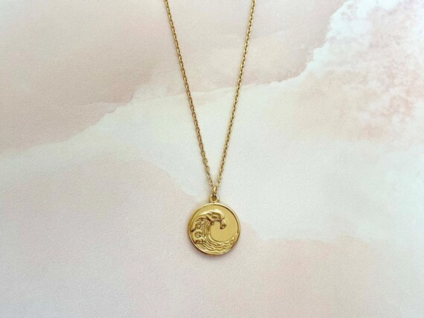 Ocean Wave Necklace, Waterproof 18k Gold Plated Stainless Steel, Medallion Coin Pendant, Holiday Jewellery, Beach Sea Surfer, Gift For Her
