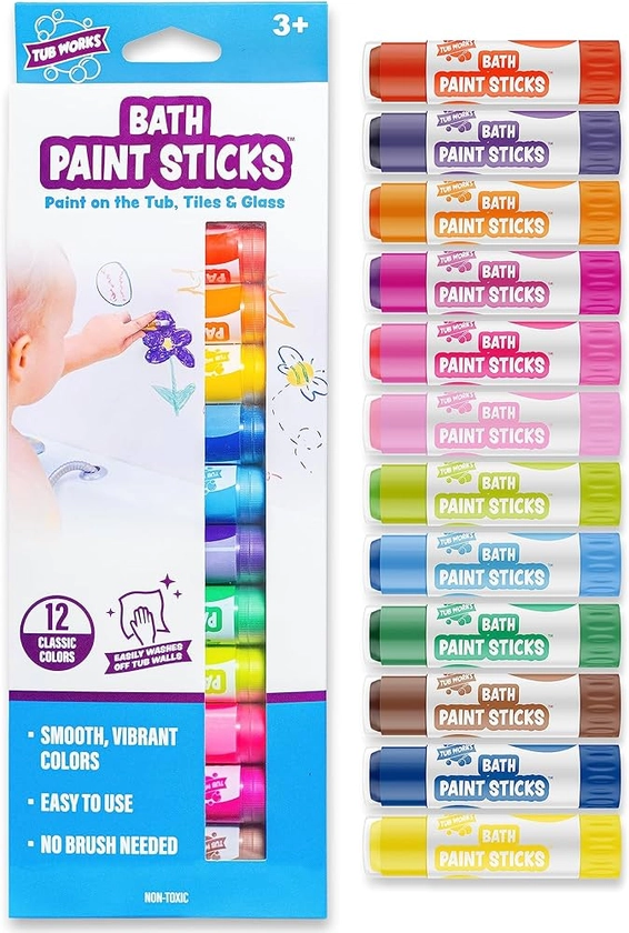 Tub Works® Bath Paint Sticks™ Bath Toy, 12 Count | Nontoxic, Washable Bathtub Paint for Kids & Toddlers | Twistable Sticks Draw Smoothly on Tub Walls | Smooth, Vibrant Alternative to Bath Crayons