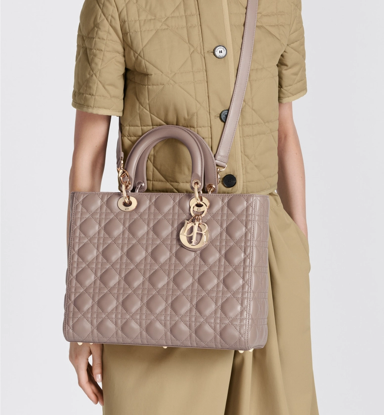 Large Lady Dior Bag Warm Taupe Cannage Lambskin | DIOR