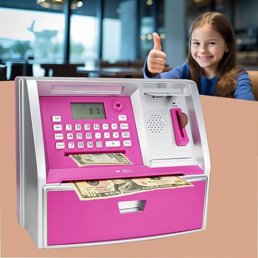 Kids Piggy Bank for Girls - Electronic Coin Counter and ATM Bank for Kids, Toy Gfit for 5-12 Years Old Girls (Silver/Pink)