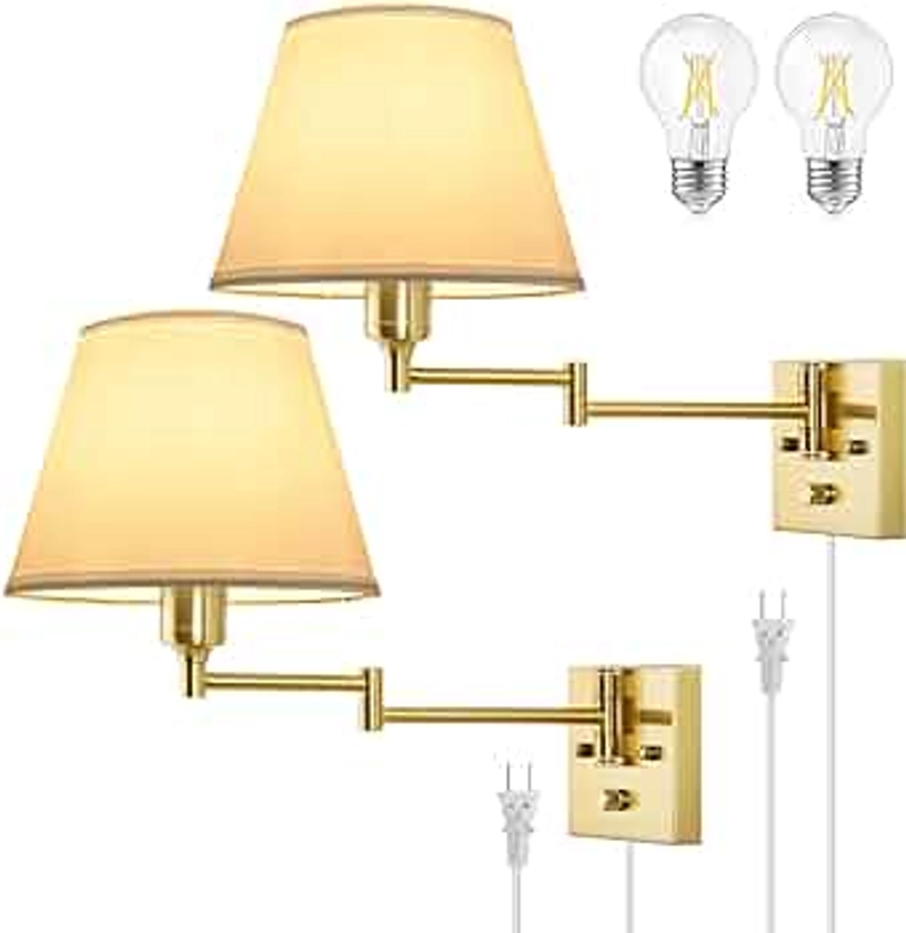 TRLIFE Wall Sconce Plug in, Brushed Brass Dimmable Wall Sconces Set of 2 Swing Arm Wall Lights with Plug in Cord and Dimmer On/Off Knob Switch, 9.4" Medium White Fabric Shade(2 LED Bulbs Included)