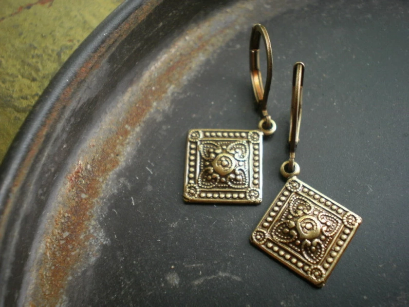 Szolnok Hungarian Diamond Medallion Earrings in Antique Brass - Etsy UK