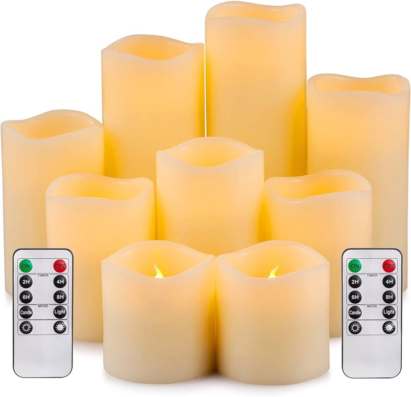 Aku Tonpa Large Flameless Candles Battery Operated Pillar Real Wax Electric LED Candle Set with Remote Control Cycling 24 Hours Timer, Pack of 9 (D:3" X H:3" 3" 4" 4" 5" 5" 6" 7" 8")
