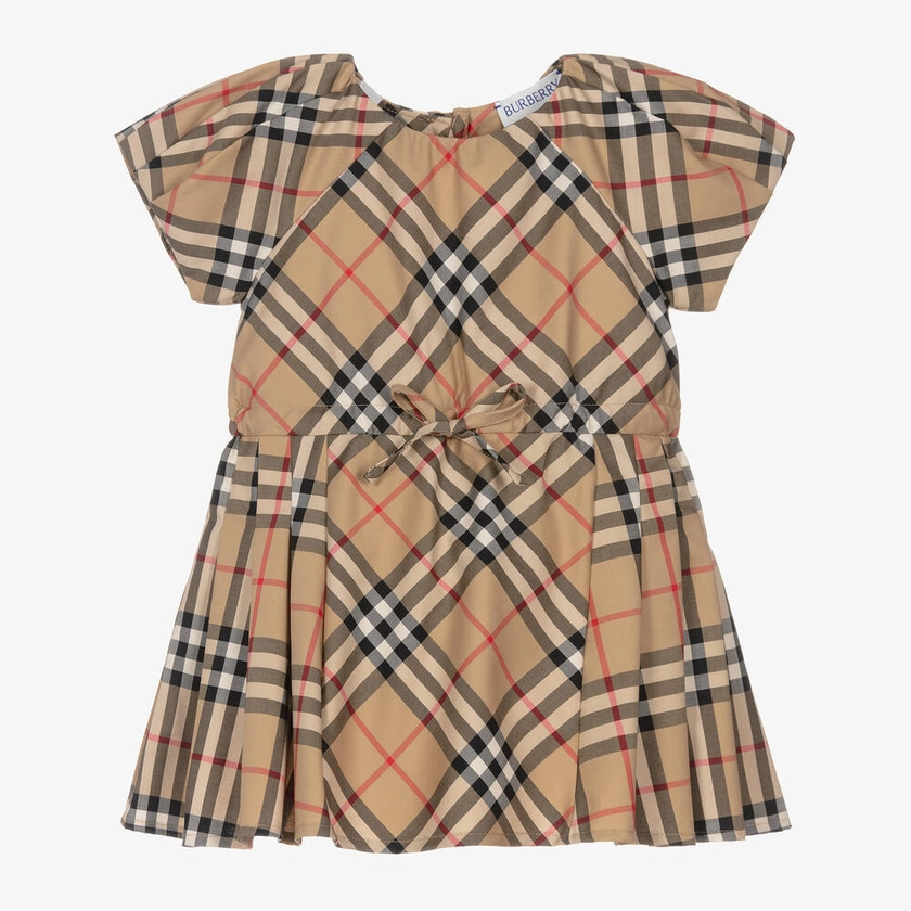 Baby Girls Beige Cotton Check Bow Dress