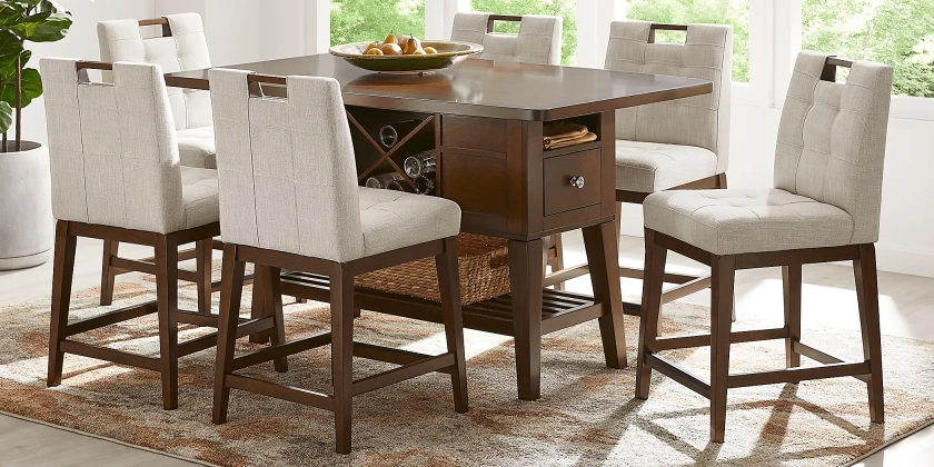 Walstead Place 5 Pc Brown Dark Wood Beige Dining Room Set With Counter Height Table, Barstool