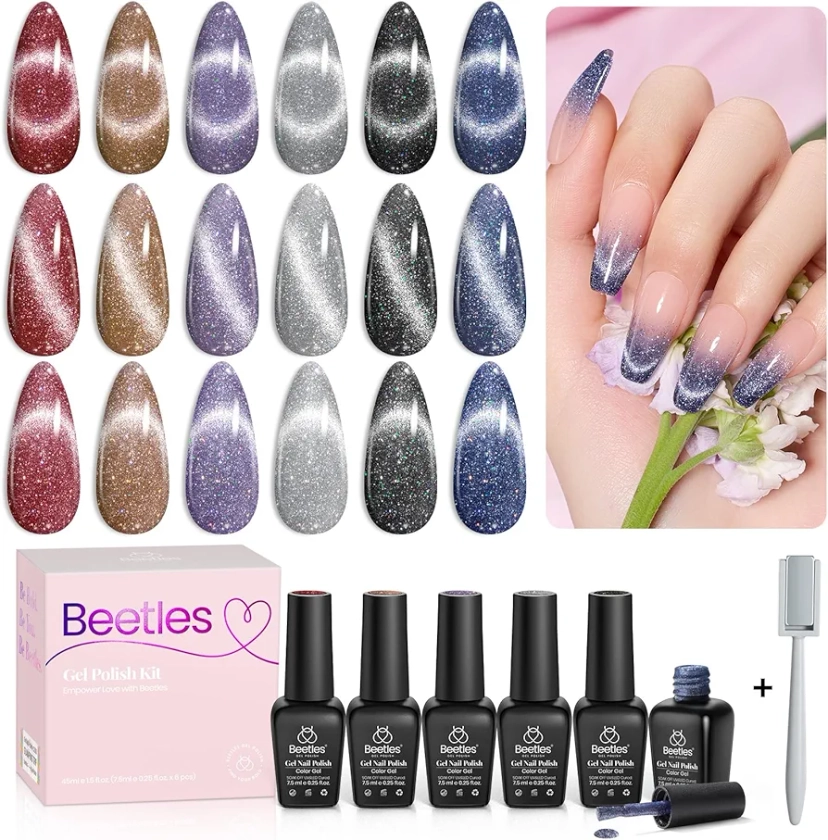 Beetles Gel Nail Polish Kit, 6 Colors Holographic Laser Cat Eyes Red Navy Blue Purple Glitter Black Gel Polish Set with Magnet Soak Off Led Nail Lamp Cured Nail Art Manicure Kits DIY Home for Women