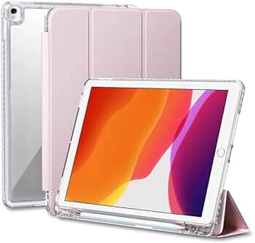 BOBOLEE Case for iPad 10.2 inch 9th/8th/7th Generation 2021/2020/2019, Slim Stand Protective Cover with Soft TPU & Transparent Hard PC Back with Pencil Holder, Auto Sleep/Wake, Pink