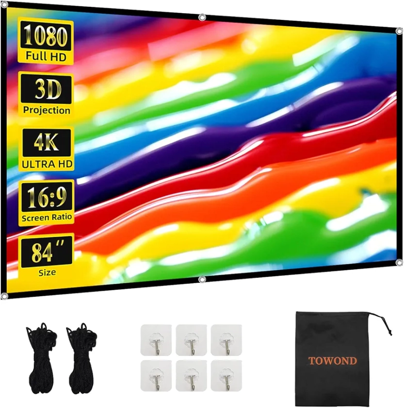 TOWOND Projector Screen 84 inch, Wrinkle-Free and Foldable Projection Screen 16:9 HD 4K Portable Movies Screen for Home Theater Outdoor Indoor Support Double Sided Projection