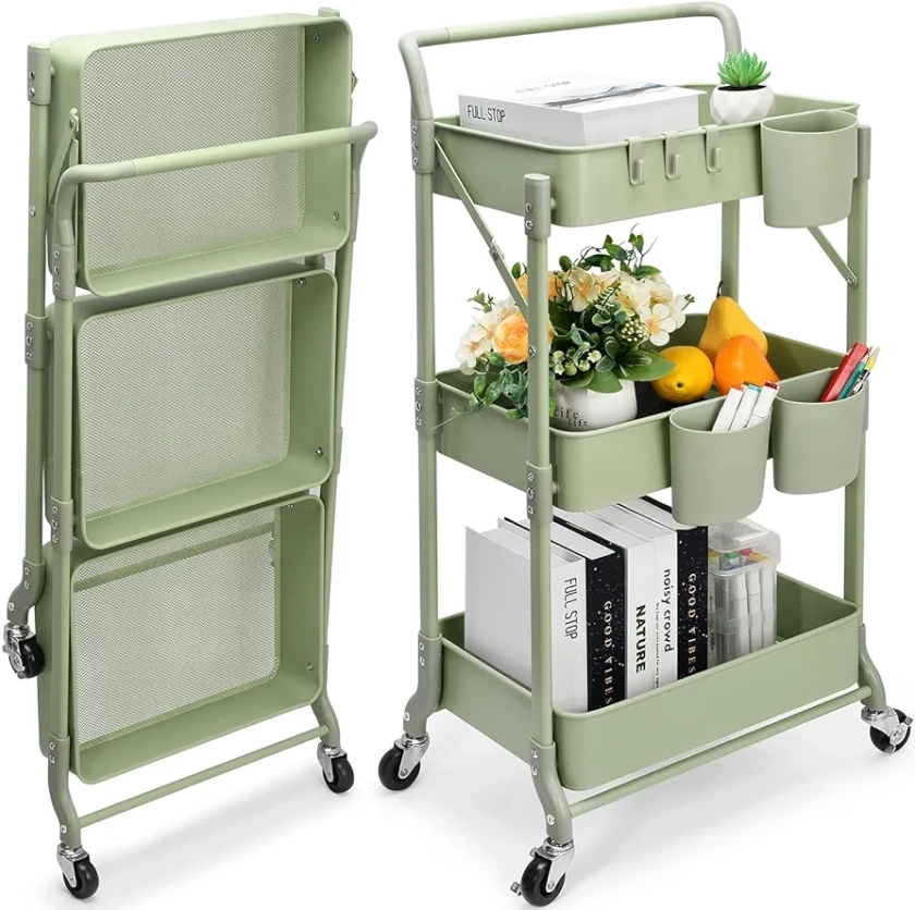 Foldable 3 Tier Metal Utility Rolling Cart, Folding Mobile Multi-Function Storage Trolley Organizer Cart for Home Library Office(Green)