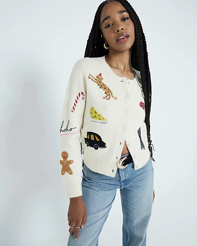 Cream Embroidered Christmas Cardigan