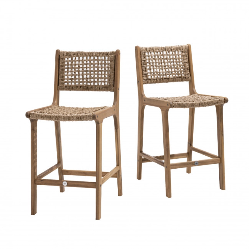 Lexia - Lot de 2 tabourets de bar intérieur/extérieur en bois d'acacia et résine tressée H66cm