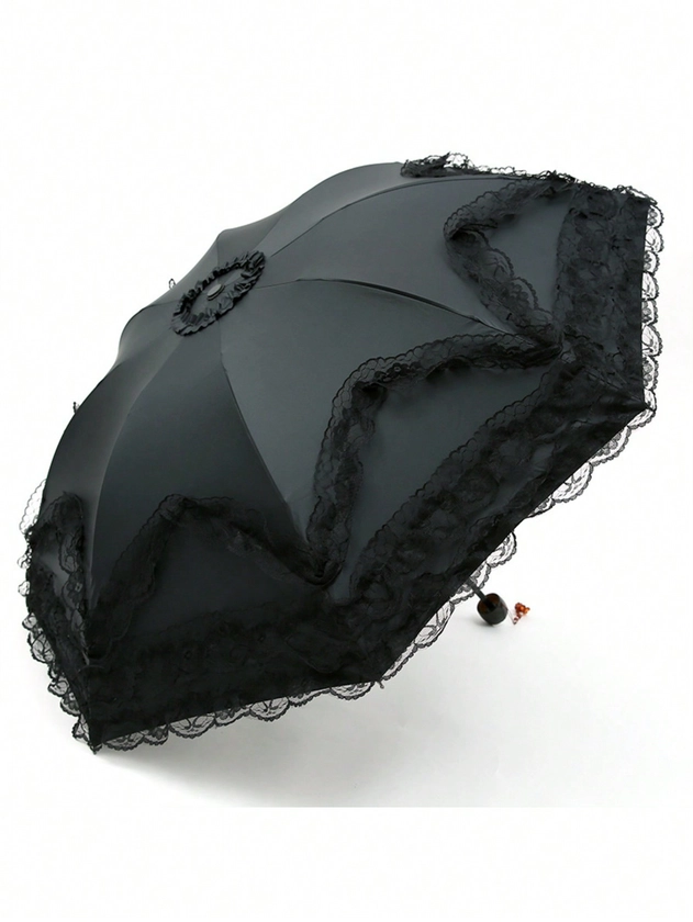 Lace Princess Umbrella With Flower Edge Design, Anti-UV Sunshade Black-Coated Three-Fold Umbrella For Both Rainy And Sunny Days