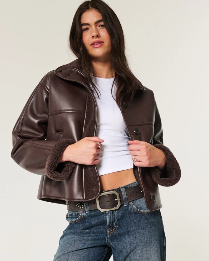 Women's Sherpa-Lined Vegan Leather Jacket | Women's Jackets & Coats | HollisterCo.com