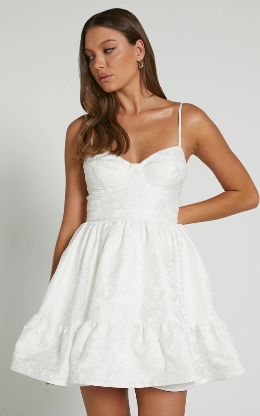 KENA MINI DRESS - JACQUARD BUSTIER DRESS IN WHITE