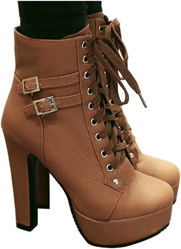 Women's Ankle Booties Lace Up Buckle Chunky High Heel Platform Knight Boots Belt Buckle Punk Cosplay Black,brown2,navy $22-45.