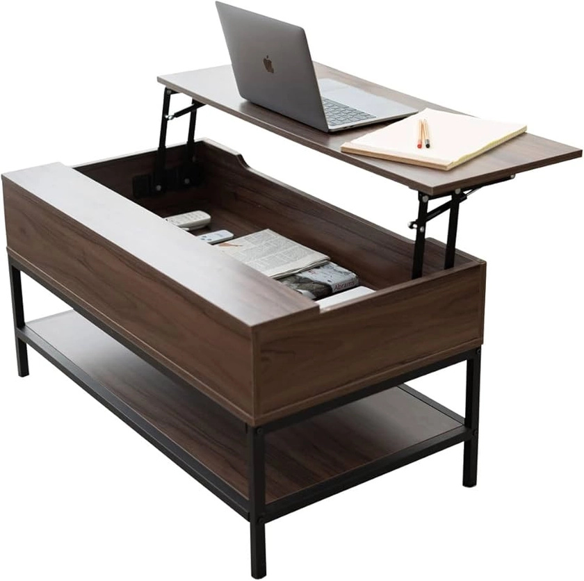 Amazon.co.jp: Emur Tables, Low Table, Elevating Desk, Walnut, Height Adjustment, Large Capacity, Storage Shelves, Easy to Open and Close, Stylish Desk : Home & Kitchen