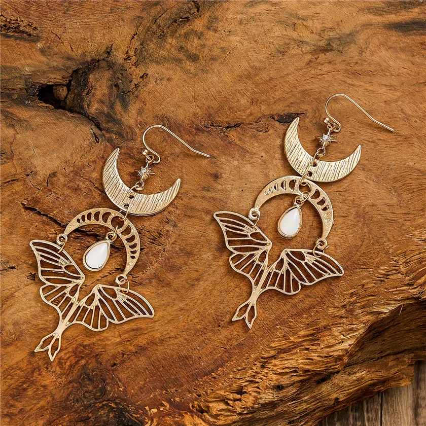 Boho Golden Hollow Moon Wings Pattern Inlaid * Earrings Personality Women&#39;s Jewelry Gift