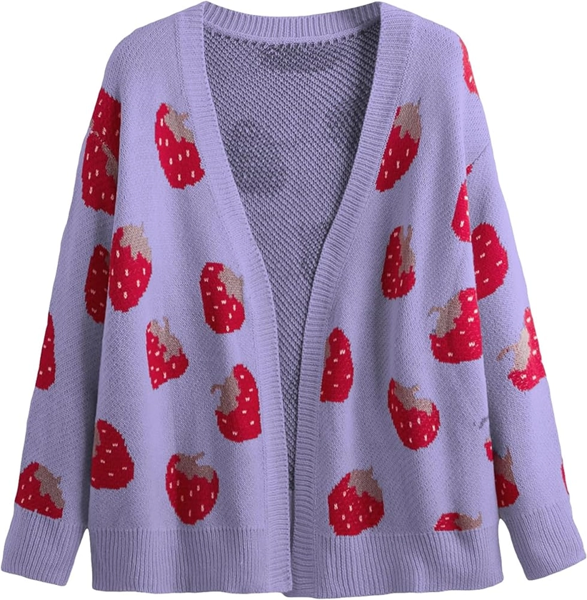 MakeMeChic Women's Plus Size Strawberry Print Long Sleeve Open Front Knit Cardigan Sweater