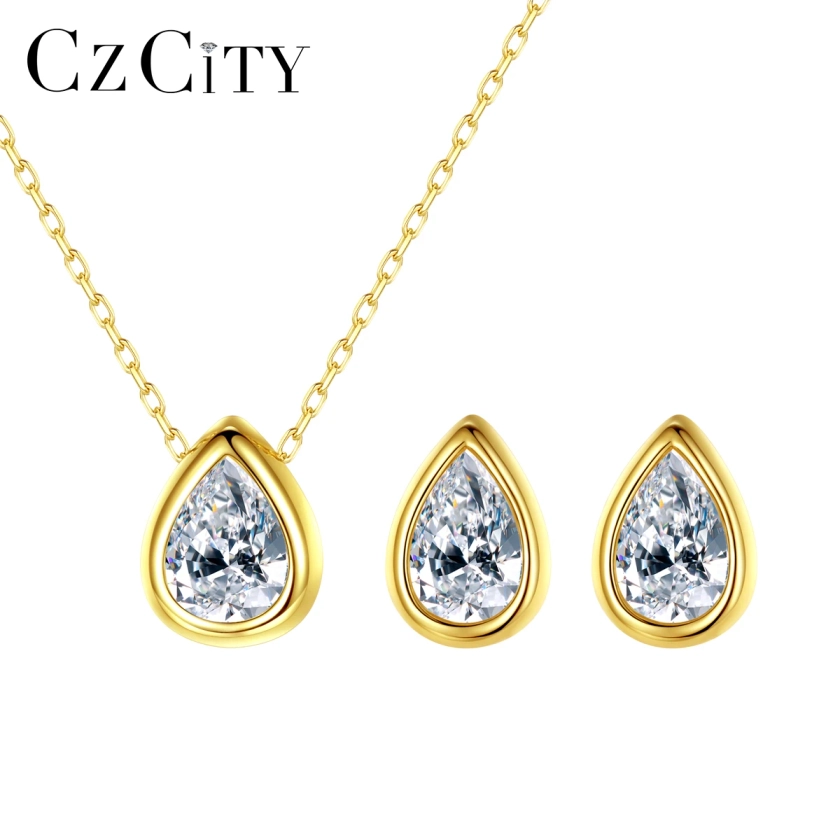 CZCITY-Teardrop Cubic Zirconia S925 Sterling Silver Earring and Necklace Set para Mulheres, design simples, acessórios do casamento nupcial