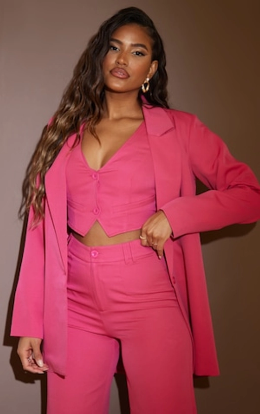 Hot Pink Woven Belted Back Detail Suit Waistcoat Top