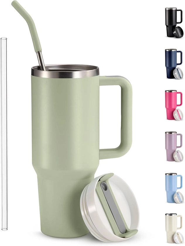 Amazon.com: KooK Tumbler with Straw and Handle, 40 oz, Stainless Steel, Vacuum Insulated Travel Coffee Mug, Reusable Double Walled Water Bottle, Keeps Hot or Cold (Sage Green): Home & Kitchen