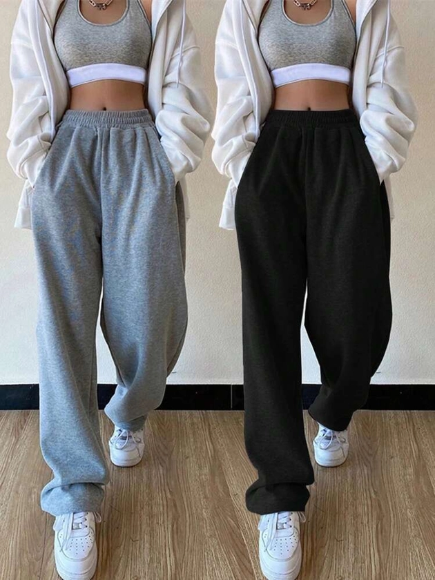 2pcs/Set Teenager Girls Casual Solid Color Elastic Waist Sports Pants, All-Match Versatile Sweatpants In 2 Colors | SHEIN UK