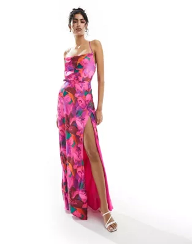 Hope & Ivy satin cami maxi dress with thigh slit in pink floral | ASOS