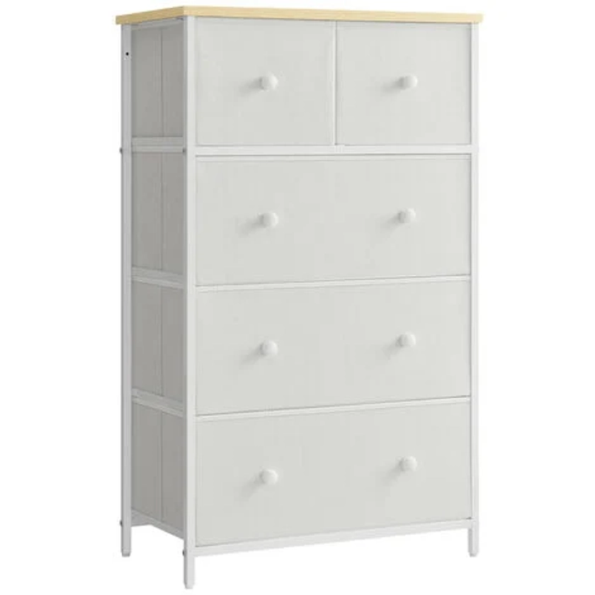 SONGMICS Commode avec 5 Tiroirs en Tissu, Style Industriel, Meuble de Rangement, 56 x 30 x 93 cm, Blanc et Couleur Boisée