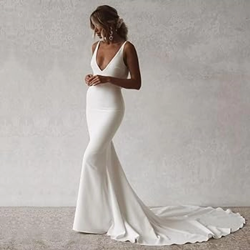 Womens Simple Wedding Dresses for Bride V-Neck Mermaid Boho Beach Bridal Gowns B-White at Amazon Women’s Clothing store