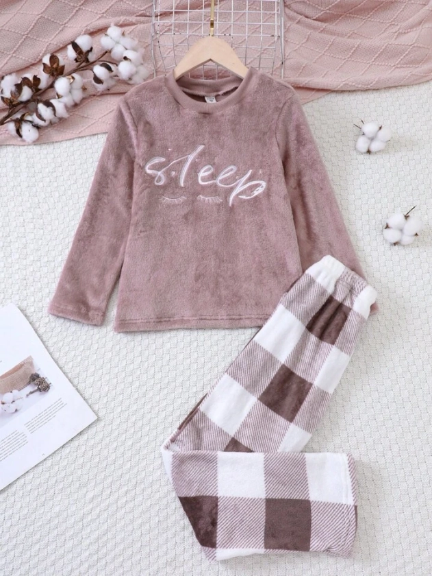 Tween Girl Letter Graphic Tee & Buffalo Plaid Pants PJ Set