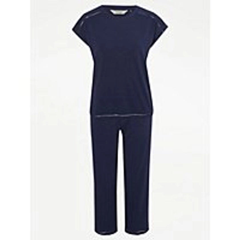 Navy Broderie Trim Short Sleeve Cropped Pyjamas | Lingerie | George at ASDA