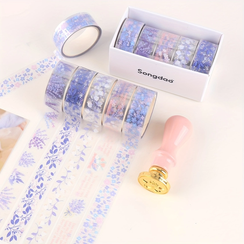 5 Rolls, Boxed Transparent Flower Waterproof Hand Account Tape, Brilliant Cute Student Journal Album DIY Decoration Material Washi Tape, Junk Journal