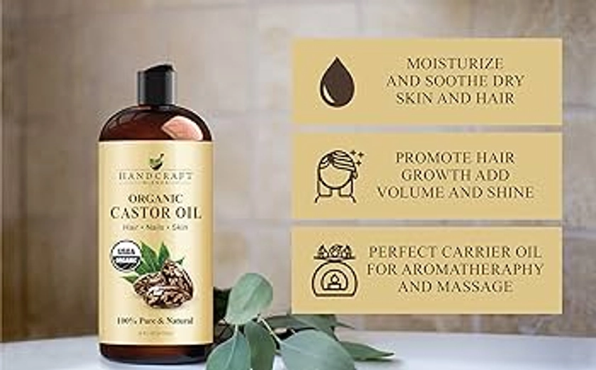 Handcraft Blends Organic Castor Oil for Hair Growth, Eyelashes and Eyebrows - 100% Pure and Natural Carrier Oil, Hair Oil and Body Oil - Moisturizing Massage Oil for Aromatherapy - 16 fl. Oz