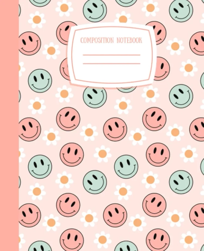 Composition Notebook: Pretty Pink Smiley Face | 7.5" X 9.25" | Wide Ruled Lined 110 Pages | Cute Aesthetic School Supplies