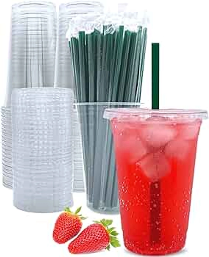 Aatriet 20 oz Clear Plastic Cups with Lids and Straws, Disposable Coffee Cups 25 Sets