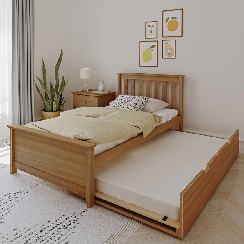 Max & Lily Twin Bed, Wood Bed Frame with Headboard for Kids with Trundle, Slatted, Pecan