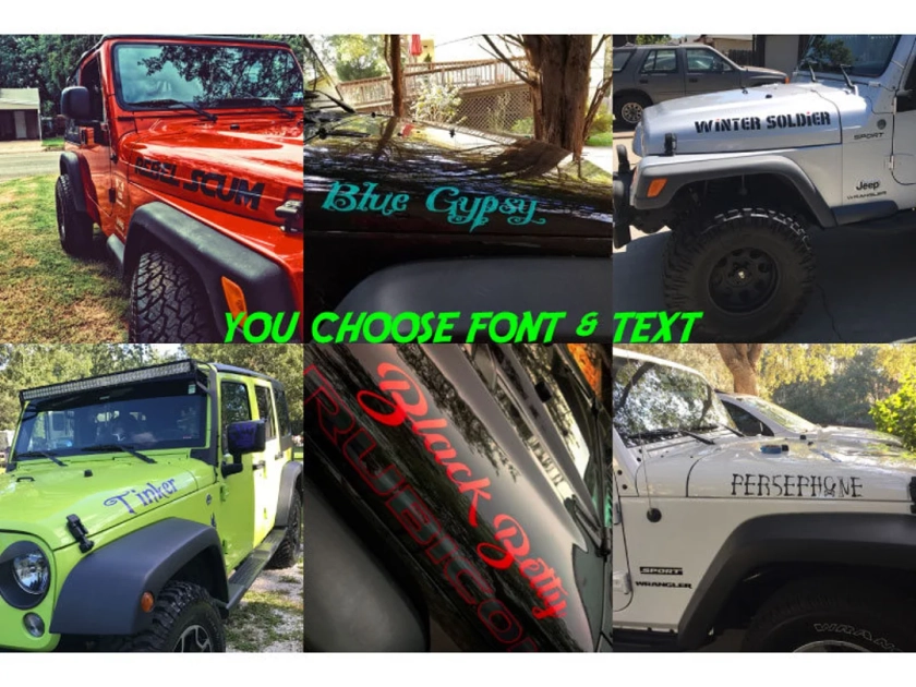 Custom Text Hood Decals (set of two) choose font & text Fits Jeep Wrangler or Gladiator