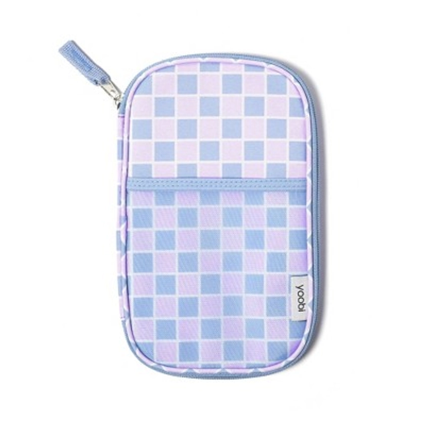 Yoobi Single Zip Pencil Pouch Organizer Blue Lilac Checker