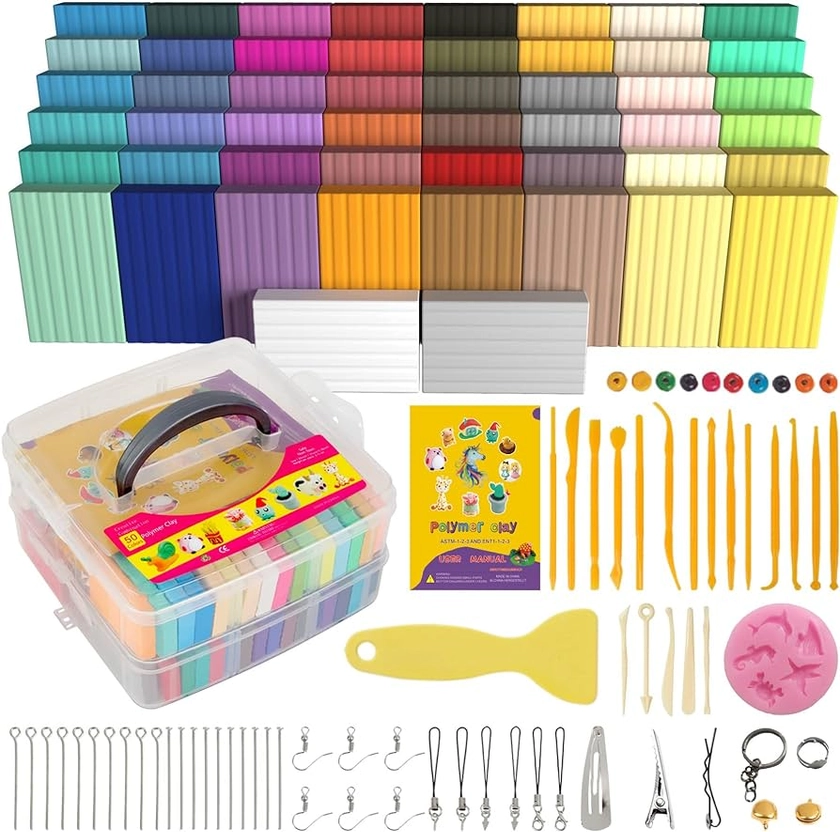 Amazon.com: Polymer Clay 50 Colors, Modeling Clay for Kids DIY Starter Kits, Oven Baked Model Clay, Non-Sticky Molding Clay with Sculpting Tools, Gift for Children and Artists (50 Colors A) : Arts, Crafts & Sewing