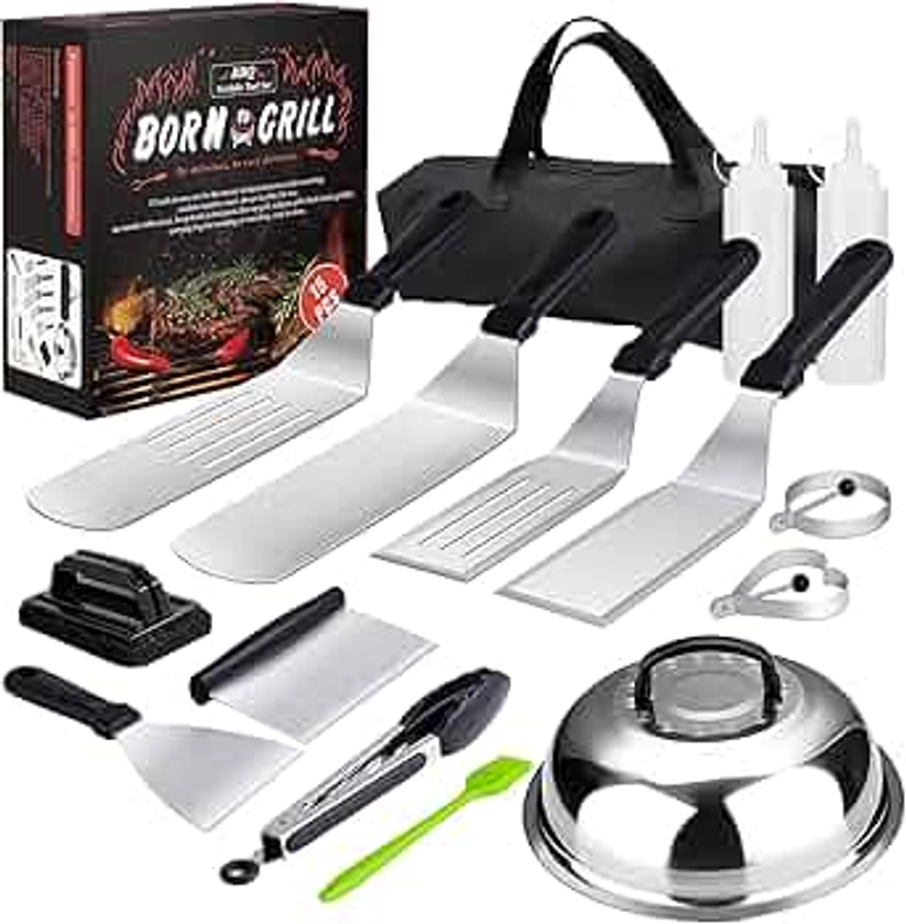 Griddle Accessories,15 Pcs Flat Top Grill Accessories kit for Blackstone and Camp,Stainless Steel BBQ Accessories with Spatula, Basting Cover,Tongs,Egg Mold & Carry Bag for Outdoor BBQ Teppanyaki