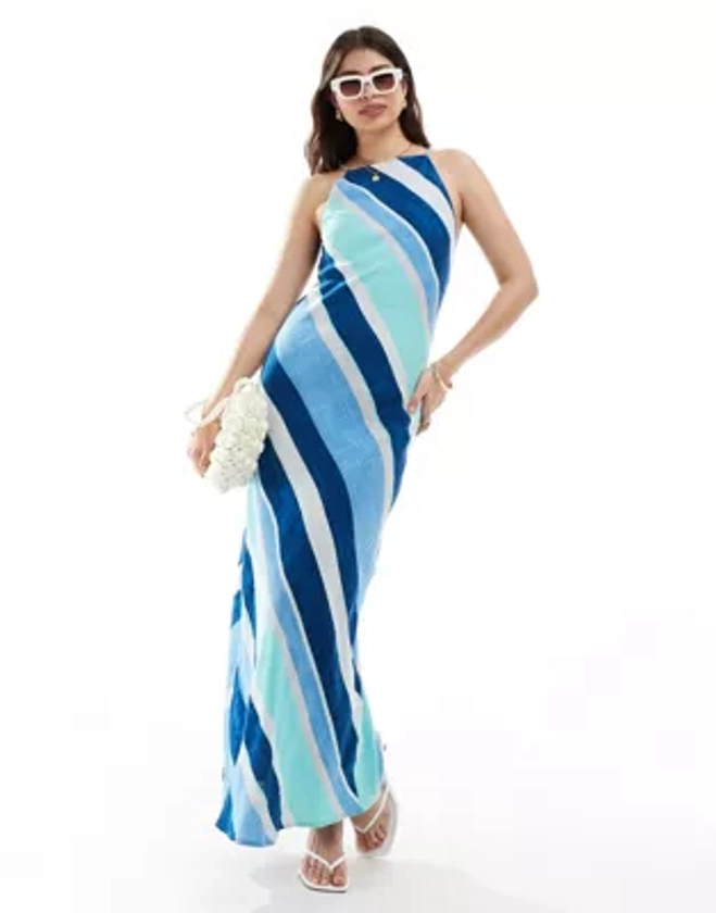 ASOS DESIGN linen racer maxi sundress in blue stripe | ASOS