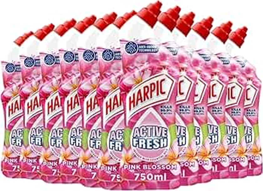 Harpic Active Fresh Toilet Cleaning Gel, Pink Blossom, Pack 12 x 750 ml, Infused with Essential Oils, Kills 99.9% of Bacteria, Toilet Cleaner