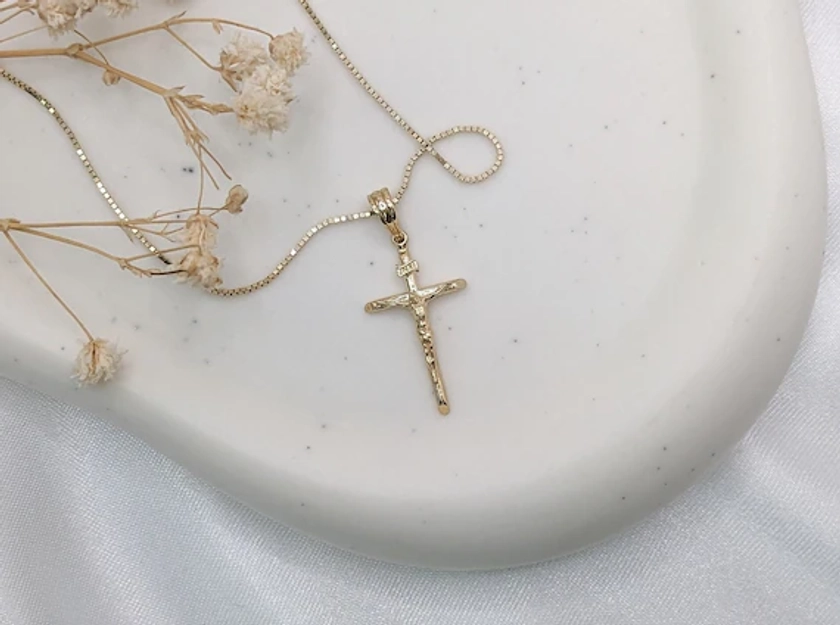 14k Solid Gold Crucifix Cross Necklace, Waterproof White Gold Cross, Dainty Cross Pendant, Minimalistic Faith Cross Charm Small Baptism Gift