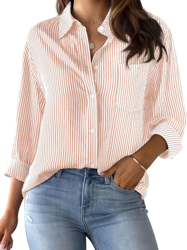 CUNLIN Wrinkle Free Women's Button Down Shirts Striped Long Sleeve Collared Blouses Tops with Pocket