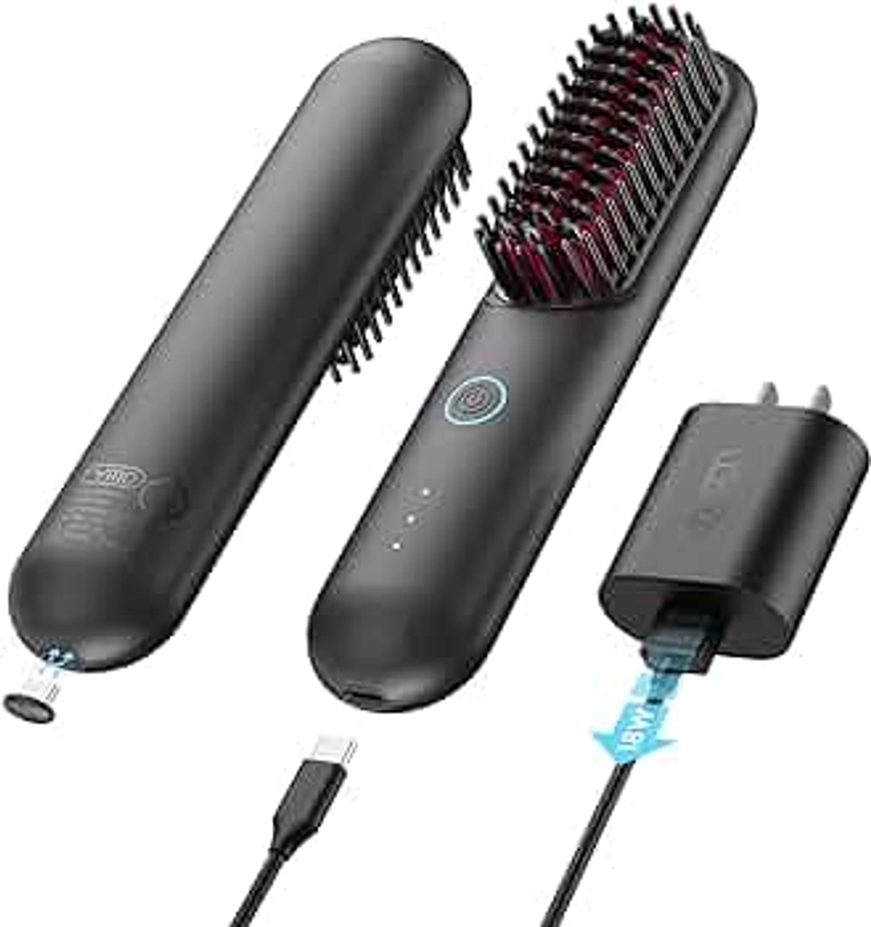 TYMO Porta Cordless Hair Straightener Brush, Portable Mini Straightening Brush for Travel, Negative Ion Hot Comb Hair Straightener for Women, Lightweight to Carry Out, USB Rechargeable, Anti-Scald