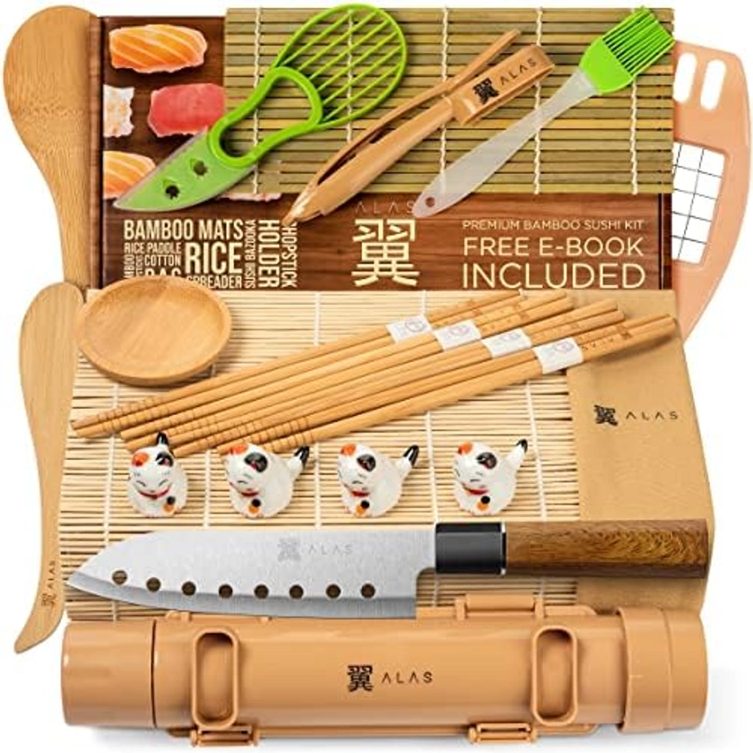 Alas Complete 20 Piece Sushi Making Set - Kit for Beginners & Pros with Knife, 2 Mats, Rice Bazooka and Dipping Plate