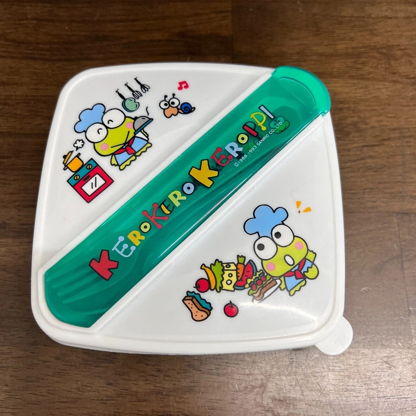 Vtg 90's Sanrio Keroppi Snack Bento Box Plastic Container Spoon Hello Kitty Rare