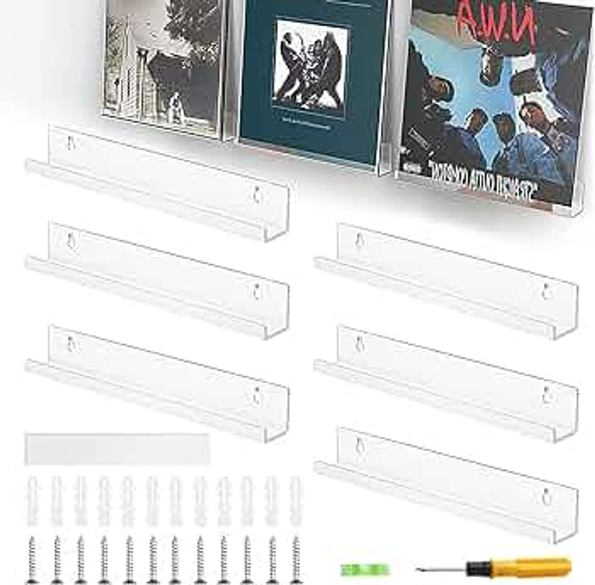 6 Pack Vinyl Record Shelf Wall Mount, 12" Clear Acrylic Album Record Display Holder, Invisible Floating Shelves with 2 Types of Installation (Adhesive or Screw)