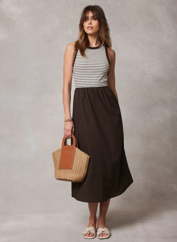 Brown Stripe Jersey Midi Dress